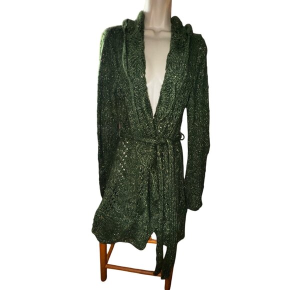 Dark Green Large Sparkly Knit Wrap Cardigan Sweater With Belt Boho Hippie Glam‎ - Picture 1 of 10